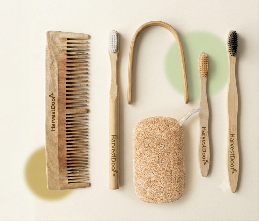 Set of wooden cleaning tools including a brush, scrubber, and toothbrushes on a light background.
